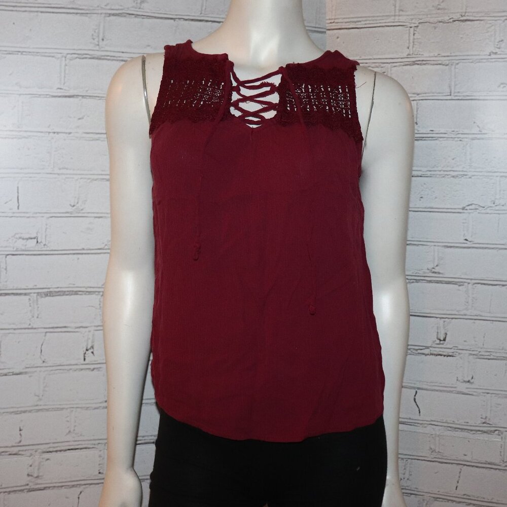 🍷🌸 Maroon Lace-Up Blouse · Size S · No Boundaries